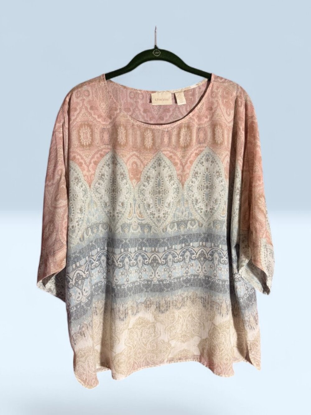 Chico's Boho Rose, Gray, Blue & Cream Sheer Tapestry Print Top Sz 2 (L)